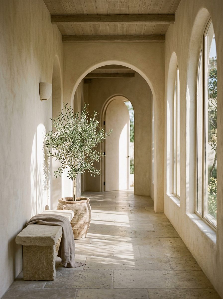 Sunlit clinic corridor